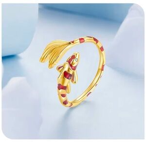 18K Gold Bohemian Lucky Koi Fish Enameled Detailing Ring Open Ring Adjustable